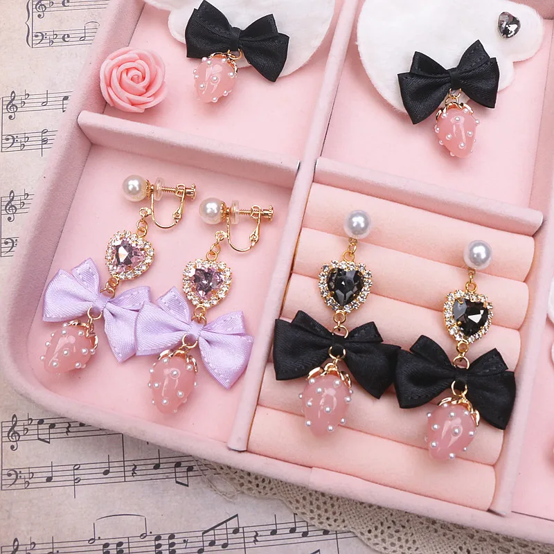 

Lolita Earrings for Girl Original Y2K Accessories for Ear Handmade Bow Strawberry Pendant Rhinestone Earrings Clips Needles