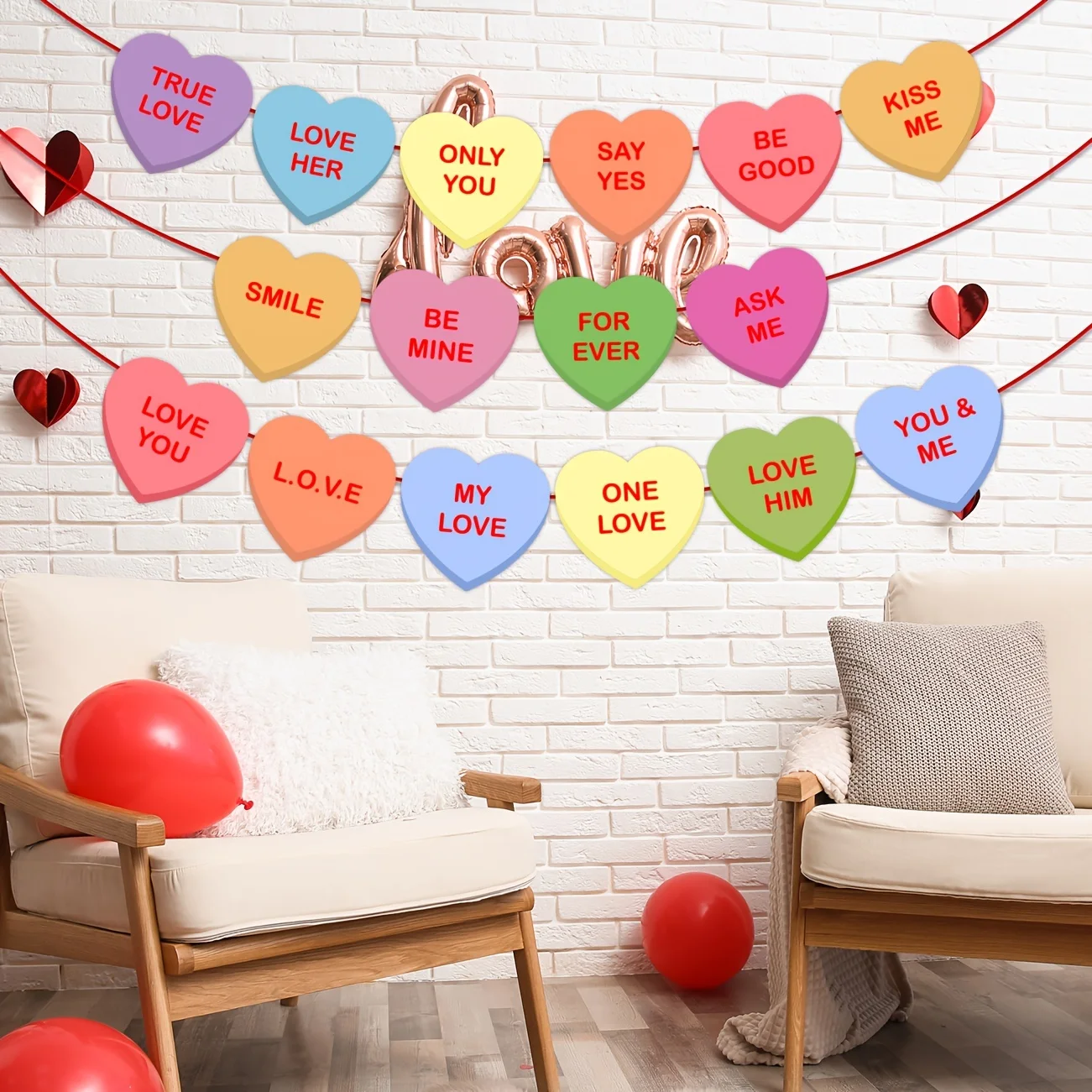 Valentines Day Heart Banner Garland with Hearts Party Favors Candy Color Heart Garland Heart Sayings Pre-strung Banners for