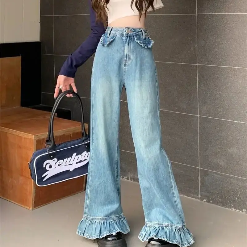 Flare Jeans Ruffles vita alta donna Baggy Washed Vintage Harajuku Streetwear Retro Denim Floor Mopping Pants