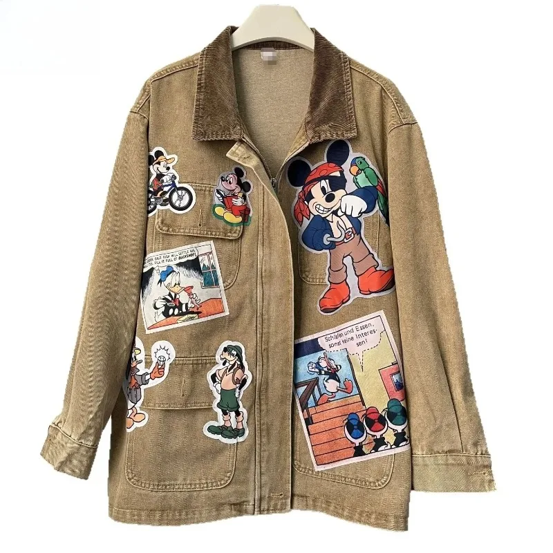 

New Couple’s BF Style Denim Jacket - Soft Cotton Utility-Inspired Coat with Cute Cartoon Appliqué Unisex Casual Outerwear Dates