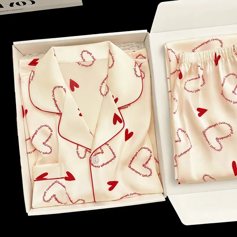 صيف جديد المرأة بيجامة من الحرير الجليدي الكورية كبار الشعور بالضوء الفاخرة خطابات Ins قصيرة الأكمام السراويل الطويلة منامة فتاة مجموعة