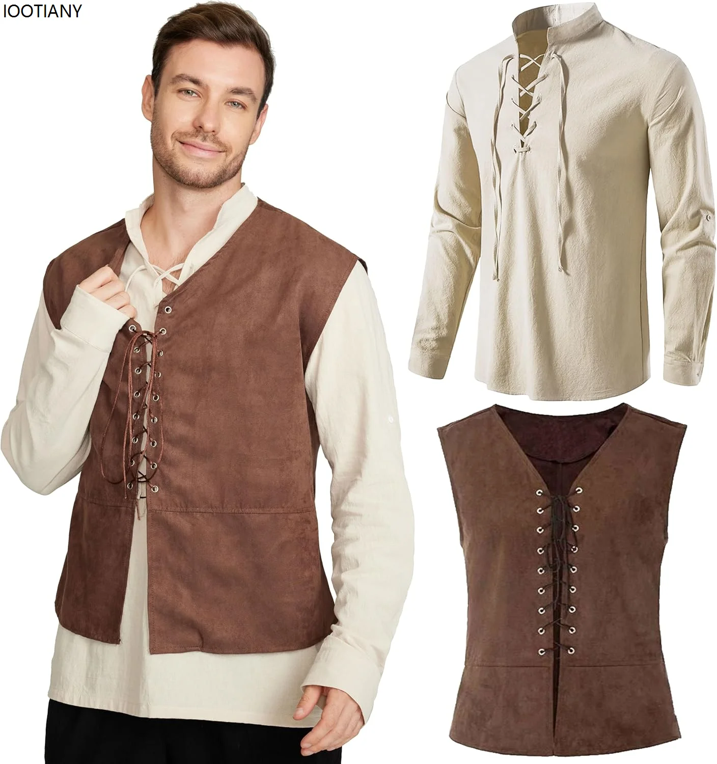 Mittelalterliche Renaissance-Kleidung für Herren, Stehkragen, einfarbig, Hemdweste, Gothic-Retro, Schnür-Top, Plus-Westen, zweiteilige Anzüge, Neu