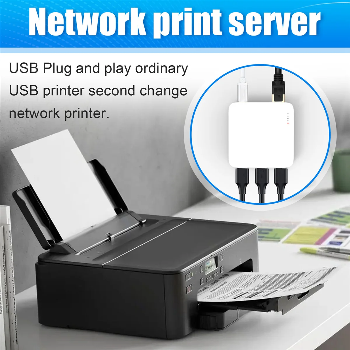 

Эффективный проводной сервер печати подключается к 3 USB-принтерам одного размера. Вилка европейского стандарта.