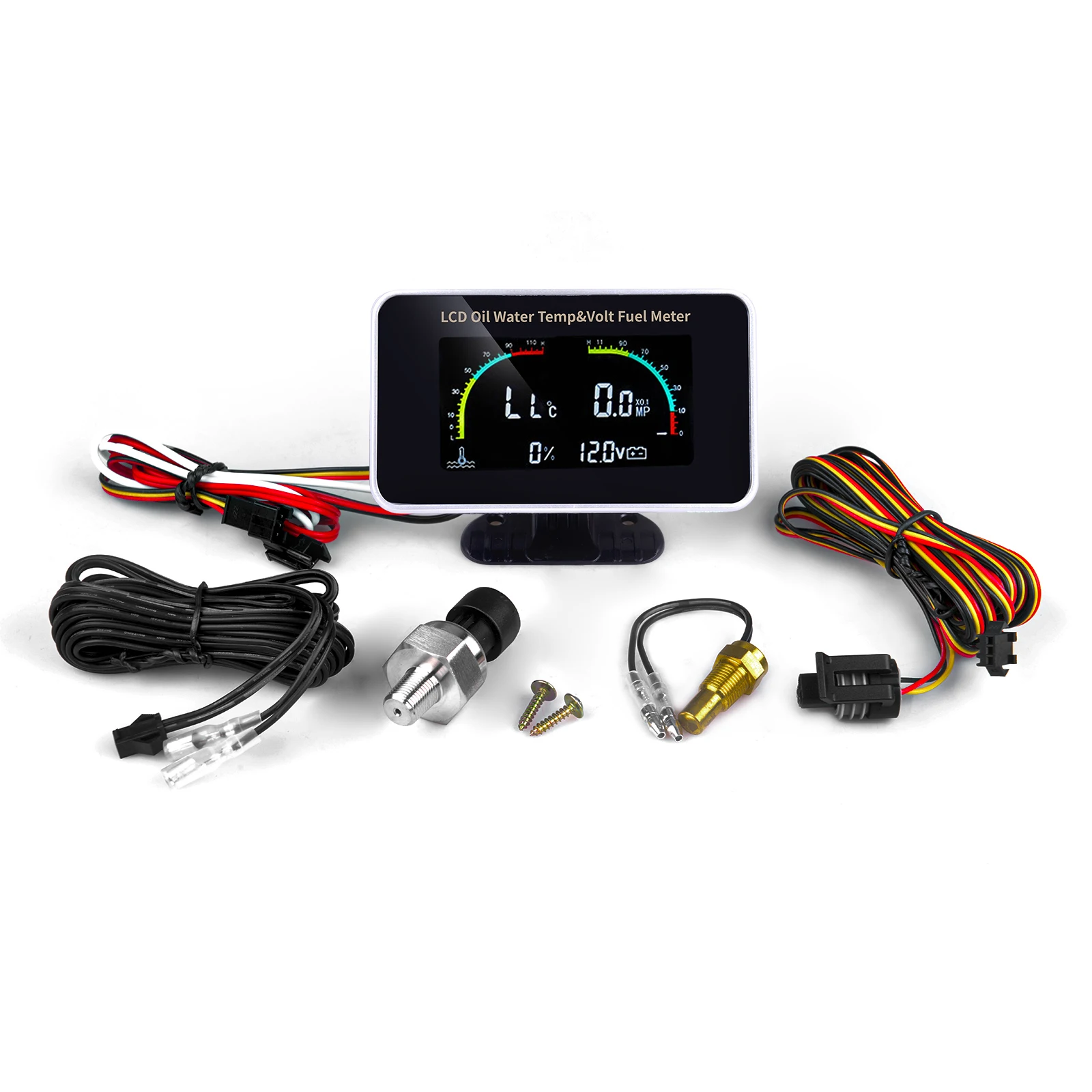 

Universal 12V/24V 4-in-1 LCD Digital Car Gauge Oil Pressure/Voltmeter/Water Temp/Fuel Level Monitor 10mm Sensor for Trucks&SUVs