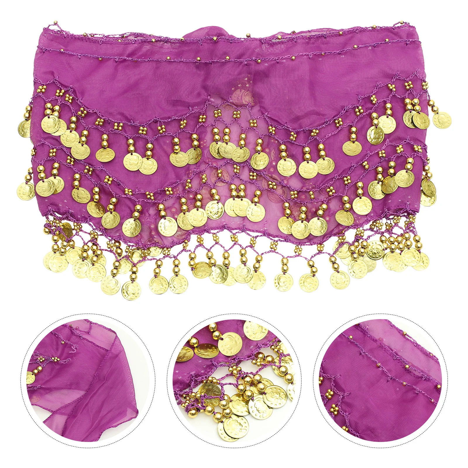 Women Chiffon Dangling Hip Scarf 3 Rows 128 Coins Wrap Belt for Belly Dancing (Purple) belly skirt