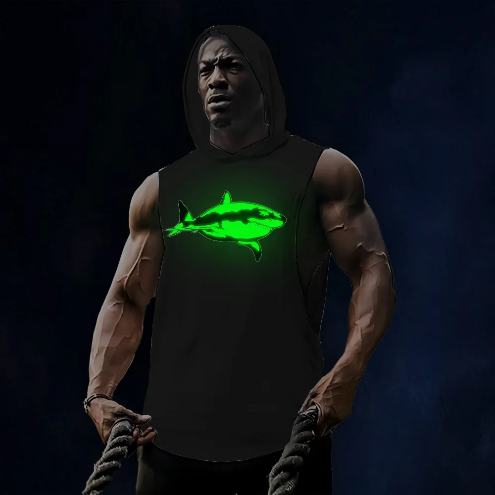 

Adult sleeveless breathable hooded vest T-shirt Shark fluorescent print men's summer sports fitness crew-neck vest top trend