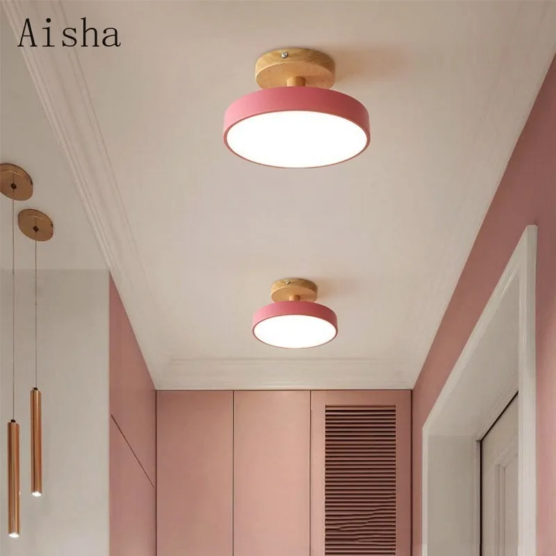 Nordic Aisle LED Ceiling Light Macaron Hallway Entrance Lamp Foyer Modern Minimalist Creative Balcony Solid Wood Ceiling Fixture