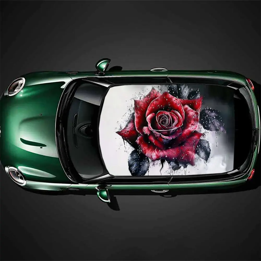 Red Rose Flower Ink Painting Car Roof Sticker Wrap Racing SUV Auto Accessories Packaging PVC Car Hood Graphic Decal Decor Gift