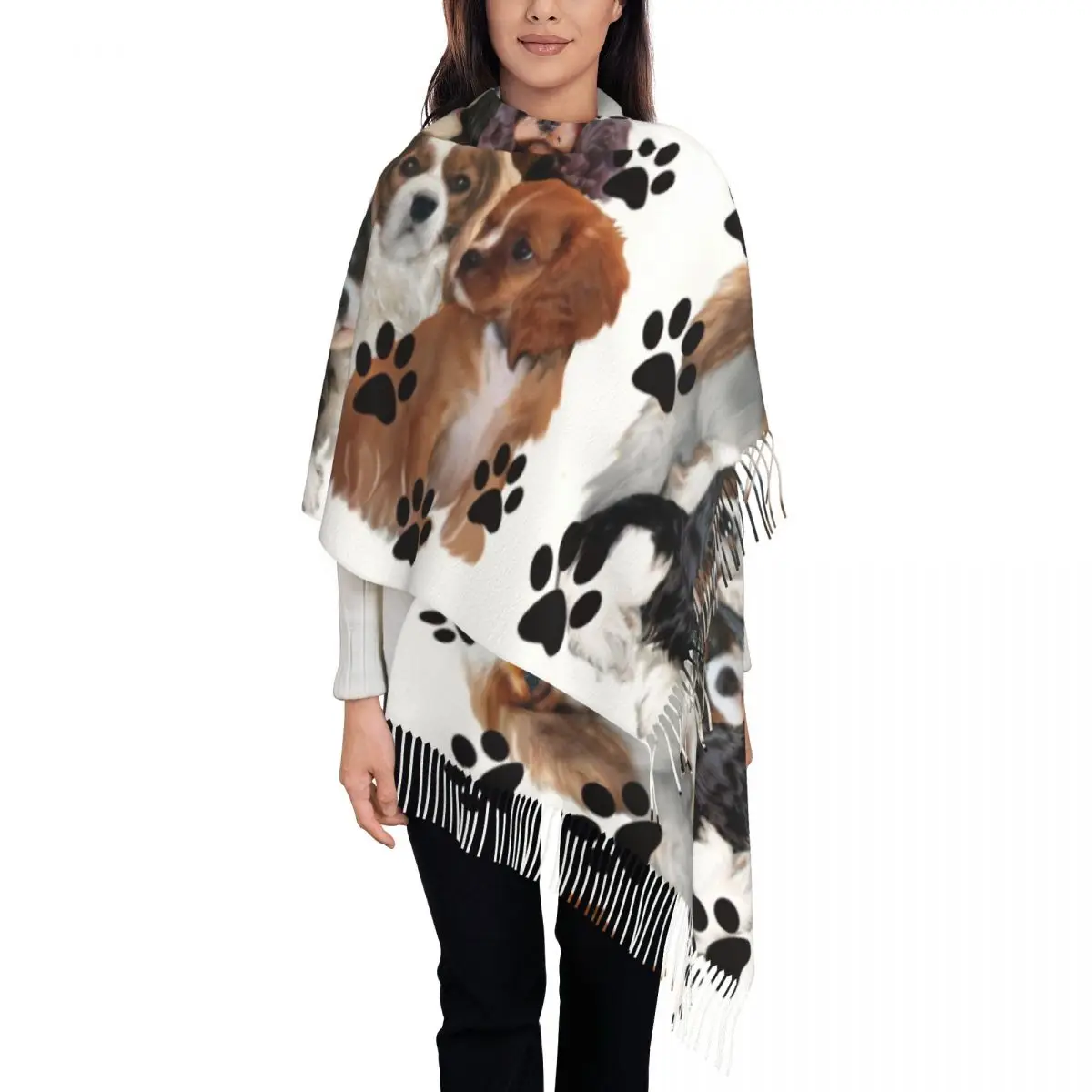 Cavalier King Charles Spaniel Scarf Women Stylish Winter Fall Wrap Shawl Family Group Dog Lover Tassel Wraps