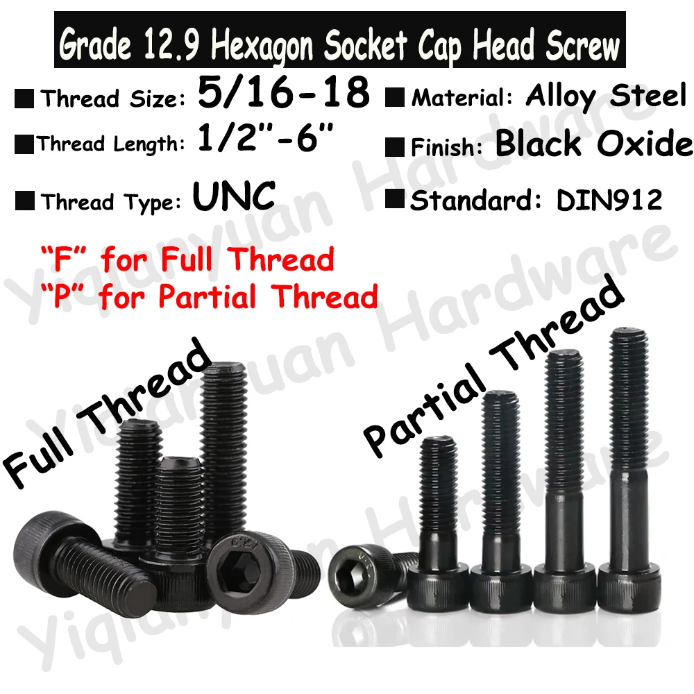 2Pcs-10Pcs UNC 5/16-18 Grade 12.9 Alloy Steel Hexagon Socket Knurled Cap Head Bolts Full Thread and Partial Thread Allen Screws