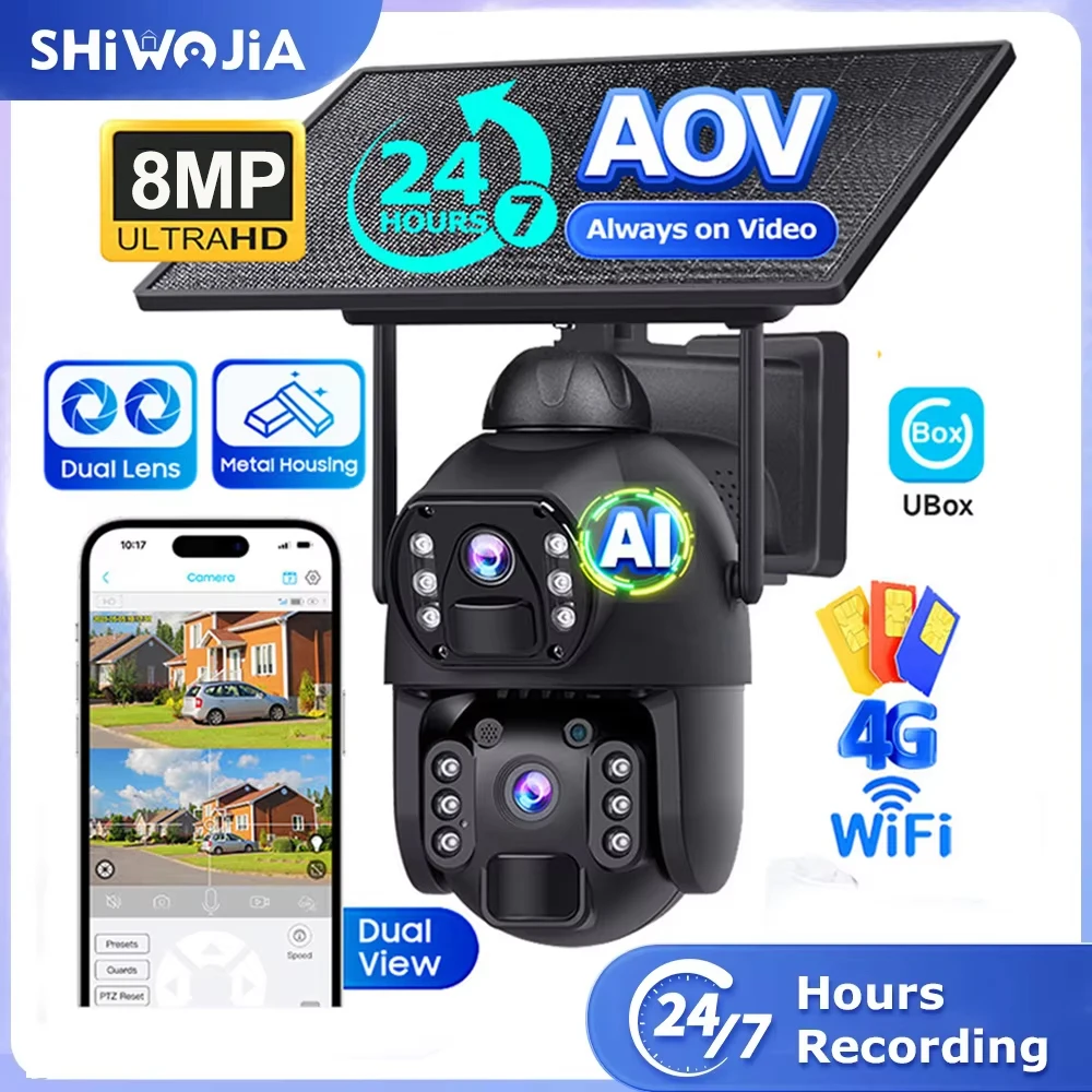 SHIWOJIA 8MP 4G SIM Solar Camera AOV Outdoor Dual Lens 360° View 10W Solar Panel Security PTZ IP WIFI Camera 10500mAh Battery