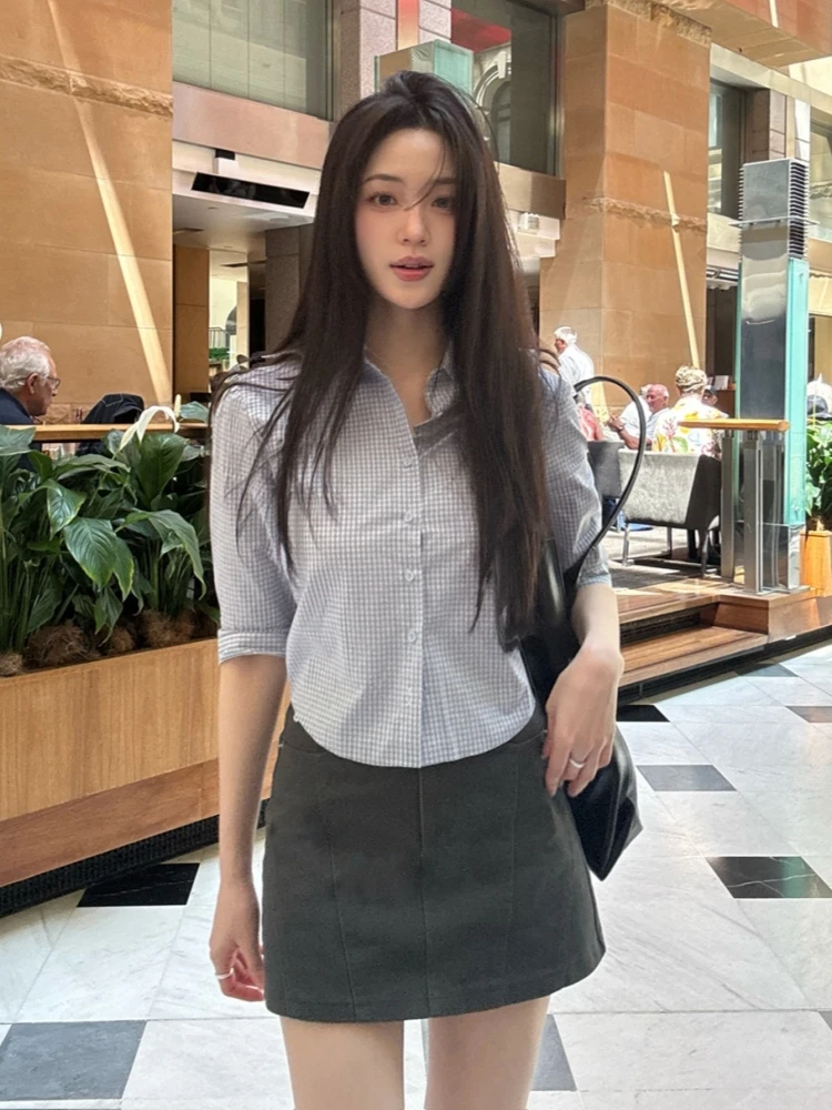 

Новинка 2026: Женская приталенная блузка с длинным рукавом, синяя в клетку, с отложным воротником, с завышенной талией, в корейском стиле