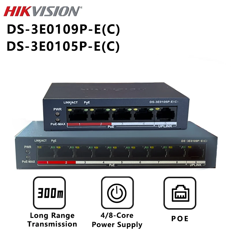 

Hikvision DS-3E0105P-E(C) DS-3E0109P-E(C) 4/8 PoE Switch 6KV Surge Protection 300m Long Range For IP camera and Video Intercom