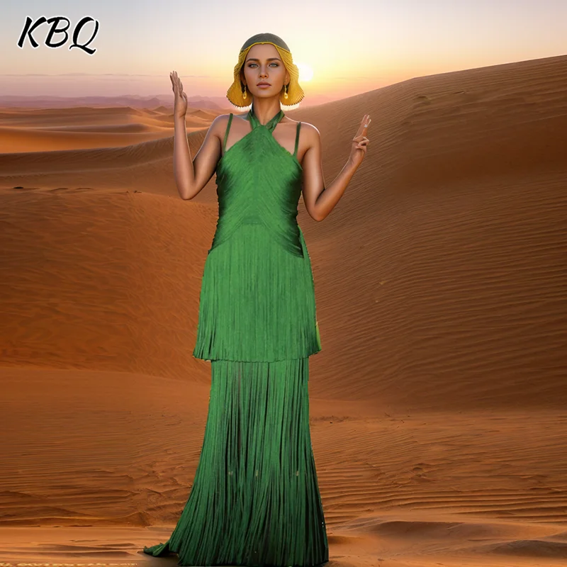 

KBQ Spliced Tassel Slimming Long Dresses For Women V neck Sleeveless Backless High Waist Minimalist Chic Sexy Dress Female New