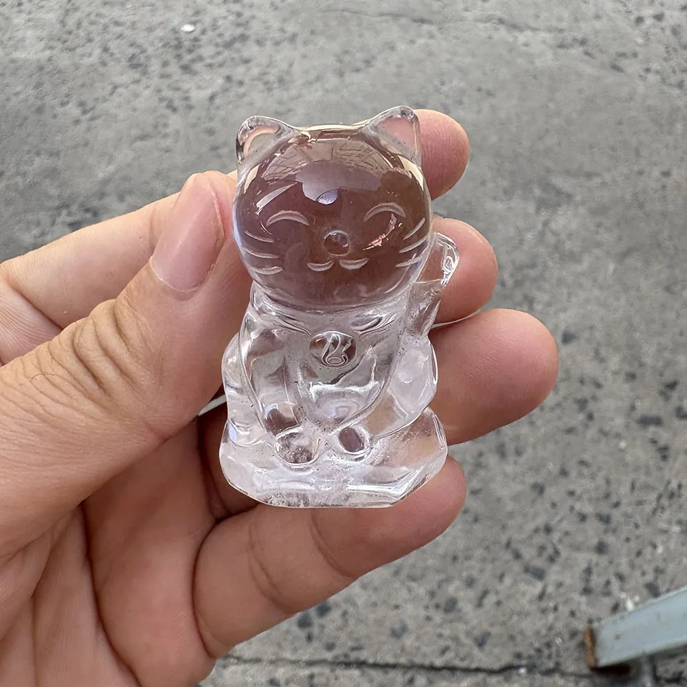 Custom Handcrafted Natural White Crystal Lucky Cat Figurine - Gemstone Animal Statue Tabletop Decor for Healing