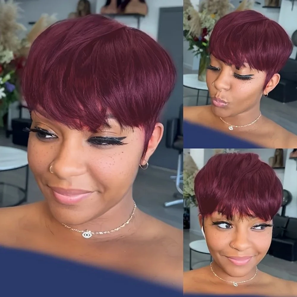 

100% натуральный парик из человеческих волос, прямой, короткий, стрижка пикси, с челкой, без спутывания, с естественной линией роста волос, полностью машинной работы, для женщин