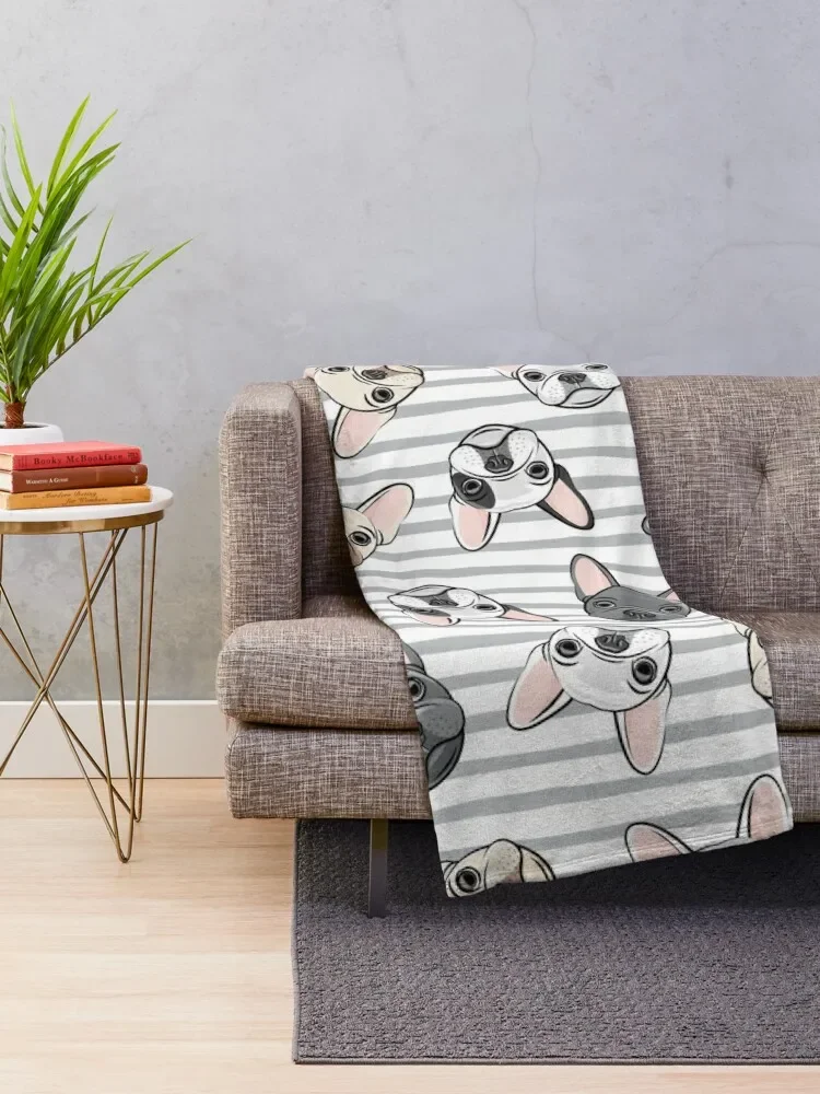 All the frenchies - grey stripes - cute French bulldogs Throw Blanket Plaid Flannel Fabric Sofa Throw Large Blankets