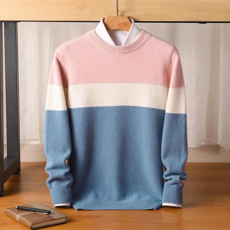 Men\'s Round Neck Thickened Pullover Sweater With Color Matching Warm Base Sweater 2024 Winter New Loose And Warm Knitted Sweater