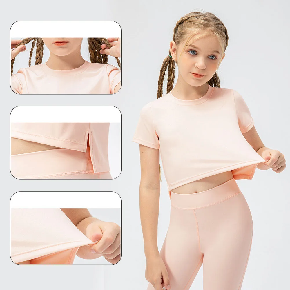 Nwt meninas miúdo camisa de manga curta bonito secagem rápida respirável estiramento crianças yoga esportes dança tanque topo camisas curtas