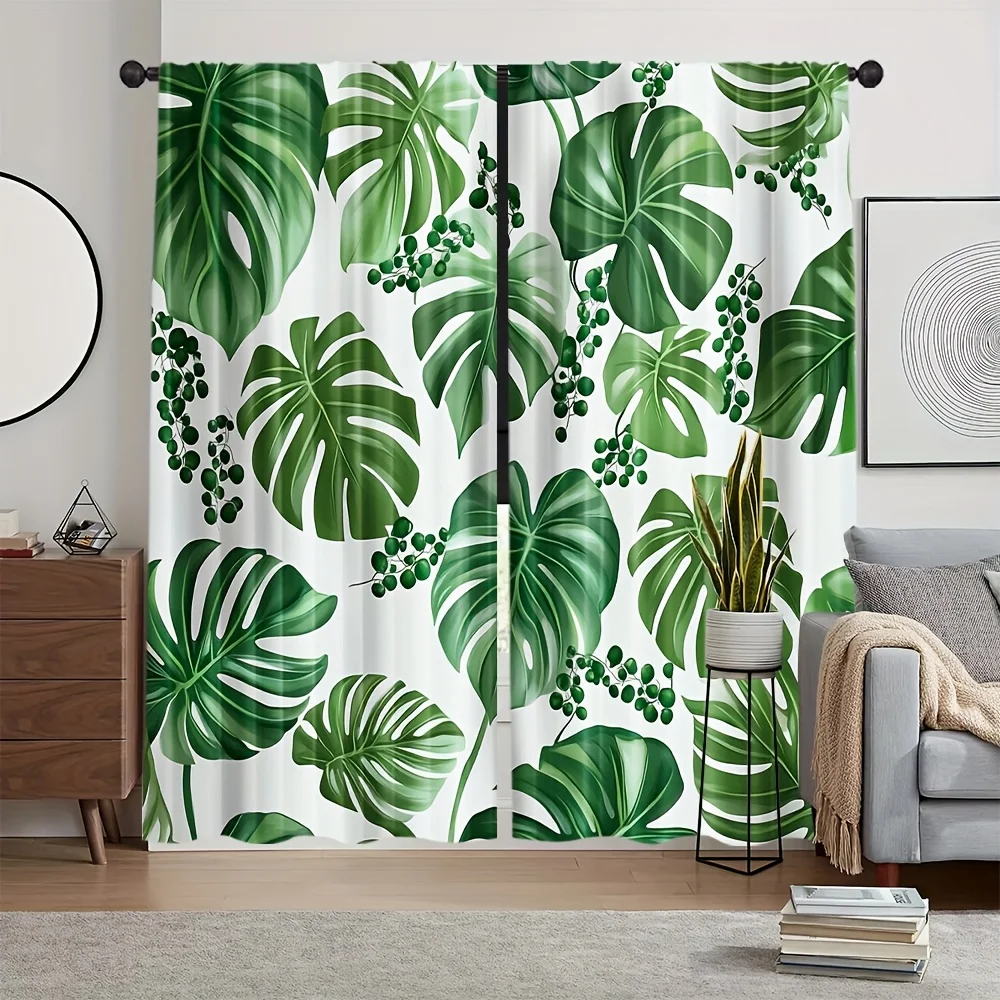 2PCS Digital Print Curtains, Tropical Monstera Green Leaf Plant Pattern on White, Fresh Natural Watercolor Style for Living
