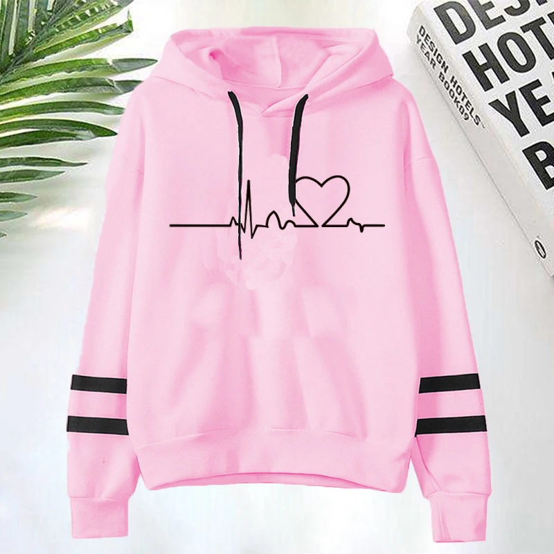 Heartbeat Line Printing Hoodies Hooded Top Women Sweatshirt Long-sleeved Autumn Casual Hooded Streetwear