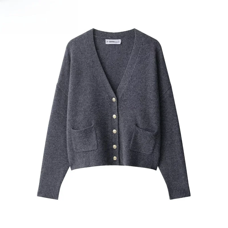 ZBZR Otoño Nuevo Cárdigan de Punto de Manga Larga para Mujer, Cuello en V, Deco con Botones, Color Do, Cálido, de Fib...