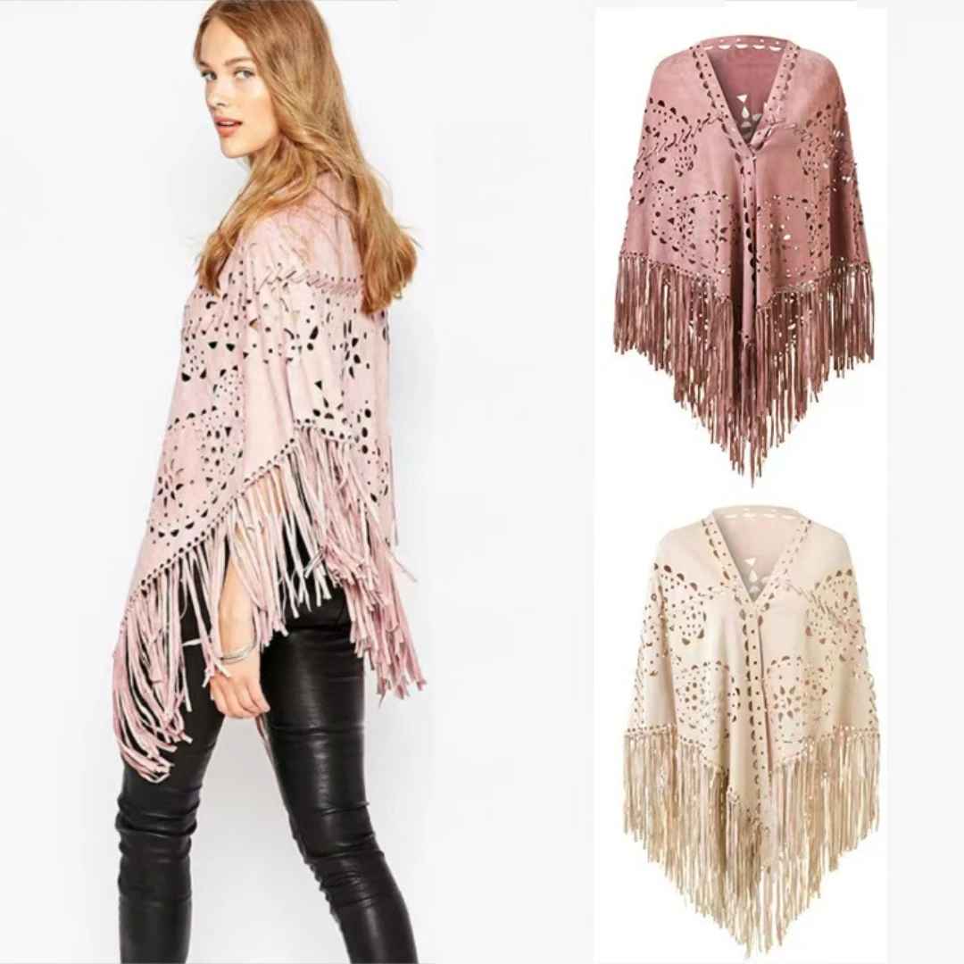 New In 2025 Solid Color Hollow Out Floral Suede Tassel Triangle Shawl Women Vintage Bohemian Beach Cardigan Boho Fringe Ponchos