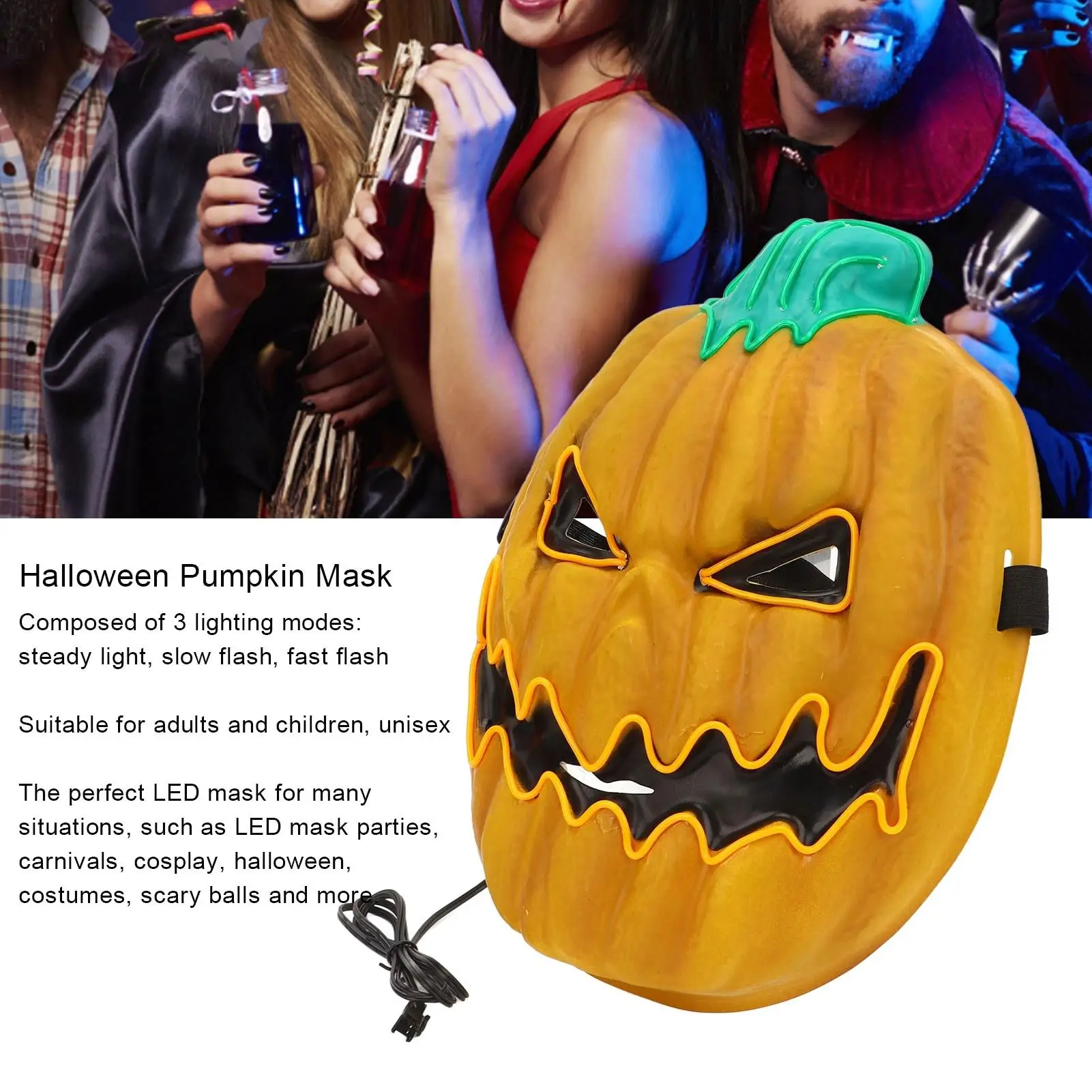 Kürbismaske mit 3 Lichtmodi für Halloween, gruseliges Partykostüm, ideal für Männer, Frauen, Erwachsene, Kinder
