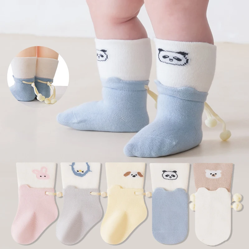 3/5 Pairs Cute Cartoon Baby Socks Adjustable Drawstring Toddler Socks Soft Cotton Mid‑Calf Socks For Newborn Infant Boys Girls