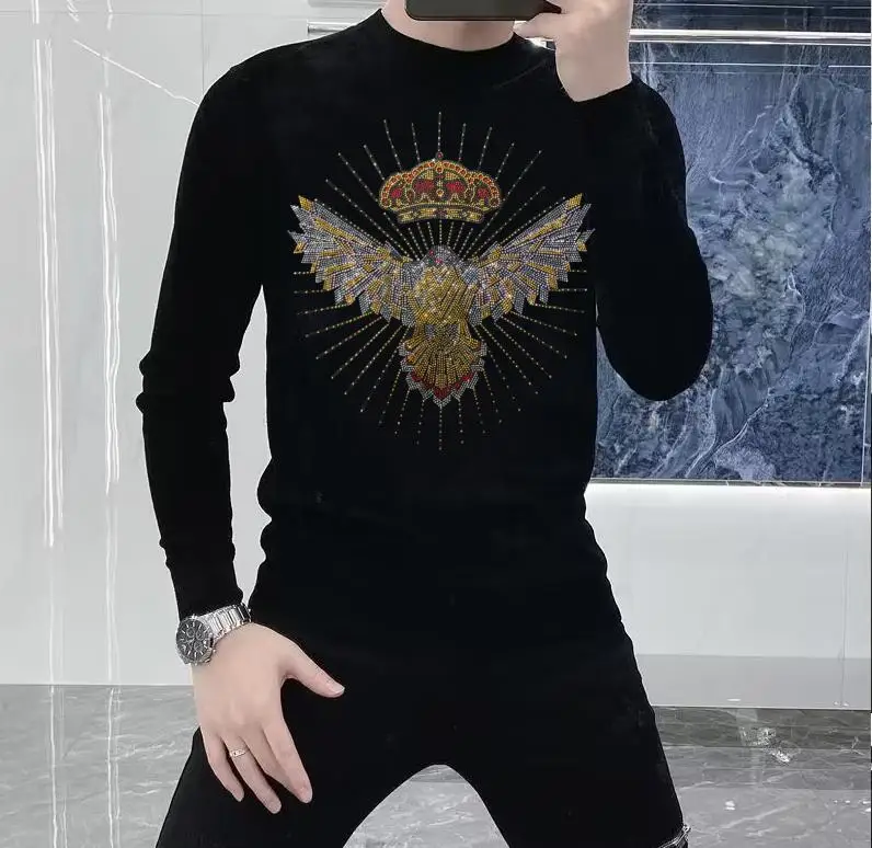 

Sweater men designer new rhinestones casual top winter plush thick warm knit pullover fashion round neck luxury brand men's wear