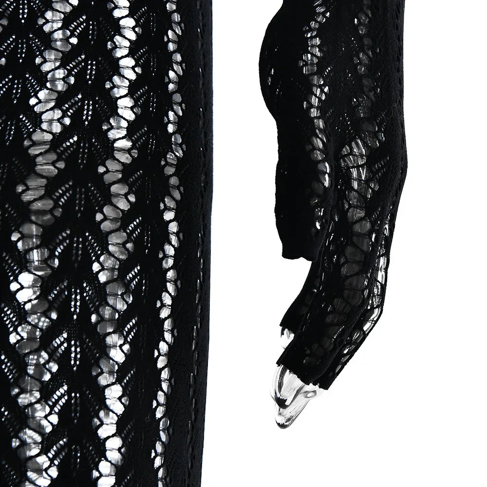 ストライプジャカードニットスキニージャンプスーツ女性のセクシーなシースルー O ネック手袋長袖スリムナイトクラブパーティーオーバーオールロンパース