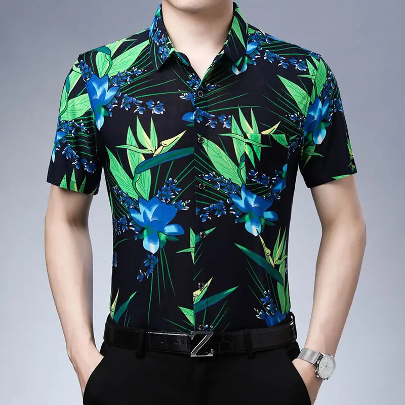 Streetwear Fashion Men Short Sleeve Black Floral Shirts Y2k Summer Quick Dry Lucky Cloud New Holiday Casual Lapel Loose Top 2023