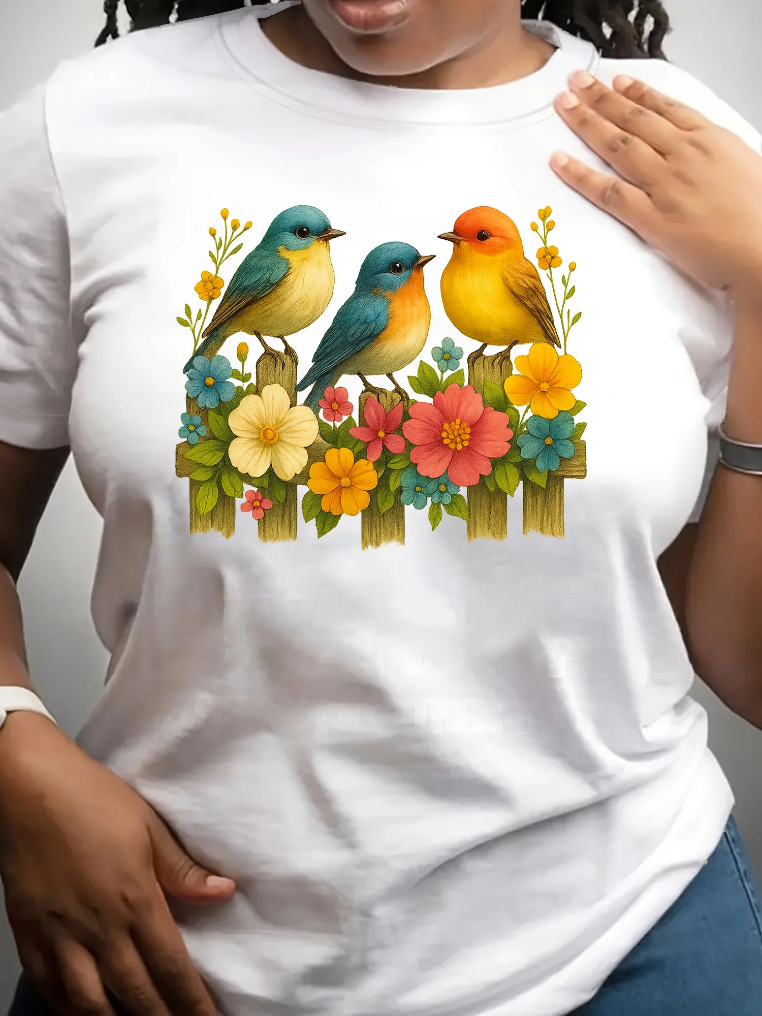 Birds and Flowers Print Women's Short-Sleeved Shirt, Summer Women's Clothing, Casual Short-Sleeved T-Shirt, Graphic Print Round Neck T-Shirt