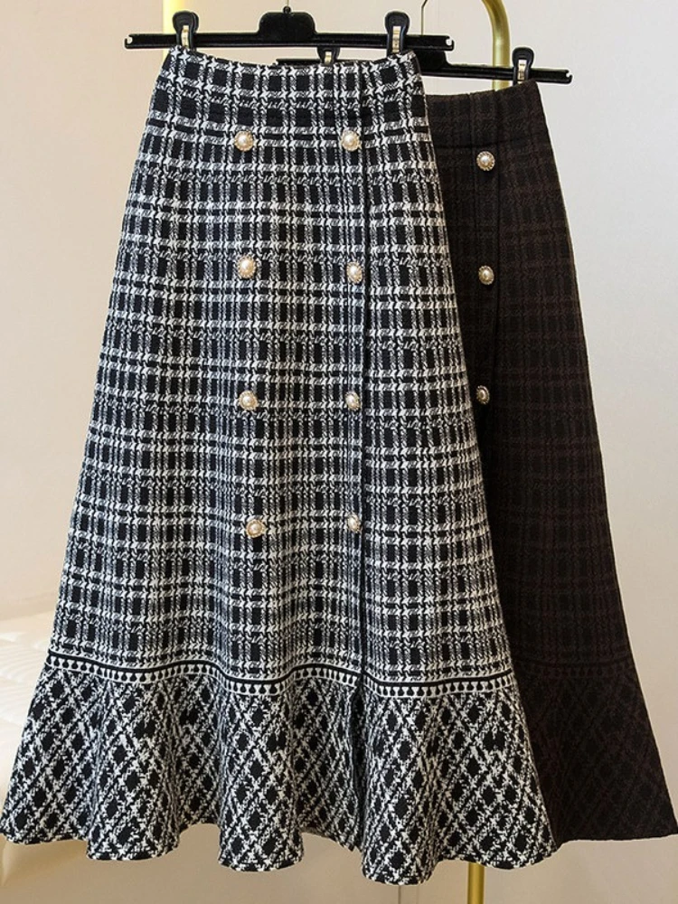 Women's Slimming A-Line Knit Skirt with Ruffles Winter Casual Plaid Checkered Elegant Retro High Waist Flared Skirt for Fall