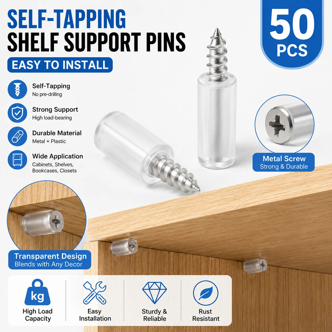 50Pcs Self-Tapping Shelf Pins with Non-Slip Sleeve, Phillips Head Cabinet Support Pegs for Kitchen Bookcases Wardrobes