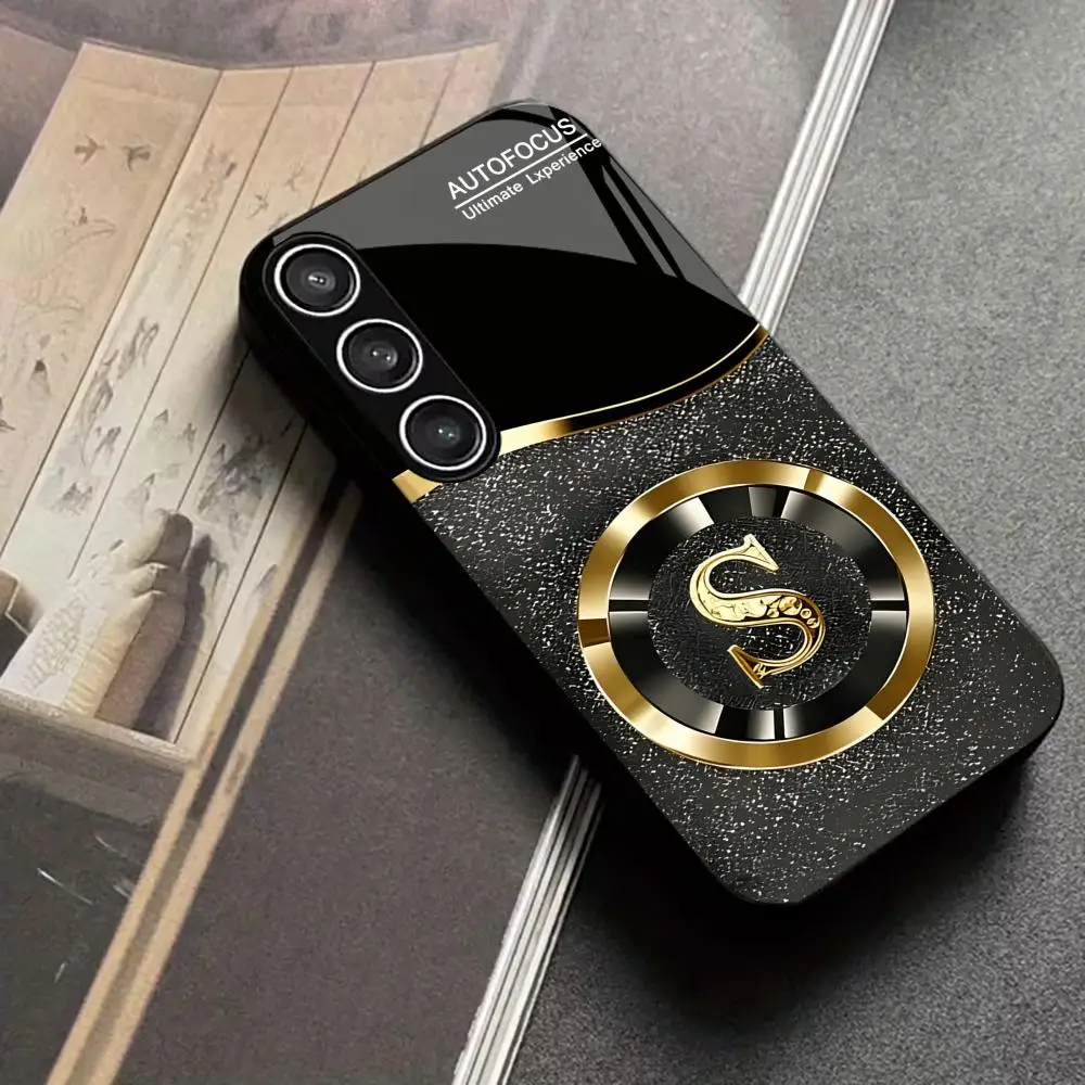 Black business letter "S" Tempered Glass Fashion phone case for Samsung Galaxy S26/S25/S24/S23/S22 FE Ultra Plus Dropresistant