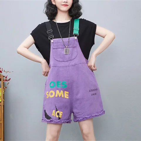 Large Size Letter Printed Jeans Jumpsuit Women New Summer Korean Loose Casual Rompers Wide Leg Denim Short Pants Overalls Pants
