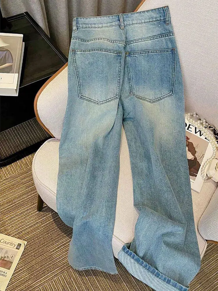 Pantaloni in denim con foro ricamato da donna taglie forti Gamba dritta Gamba larga Primavera Faion plus Size Vita alta dimagrante allentata