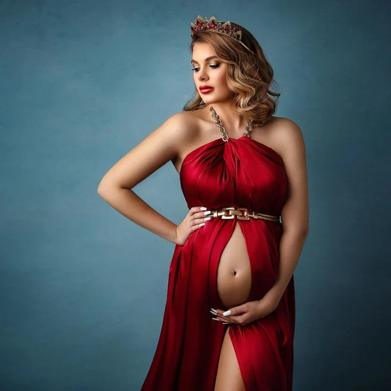 Sexy Elegant Maternity Photography Prop Dress Red Satin Design Crown For Pregnancy Photo Shooting Gowns Women Dresses