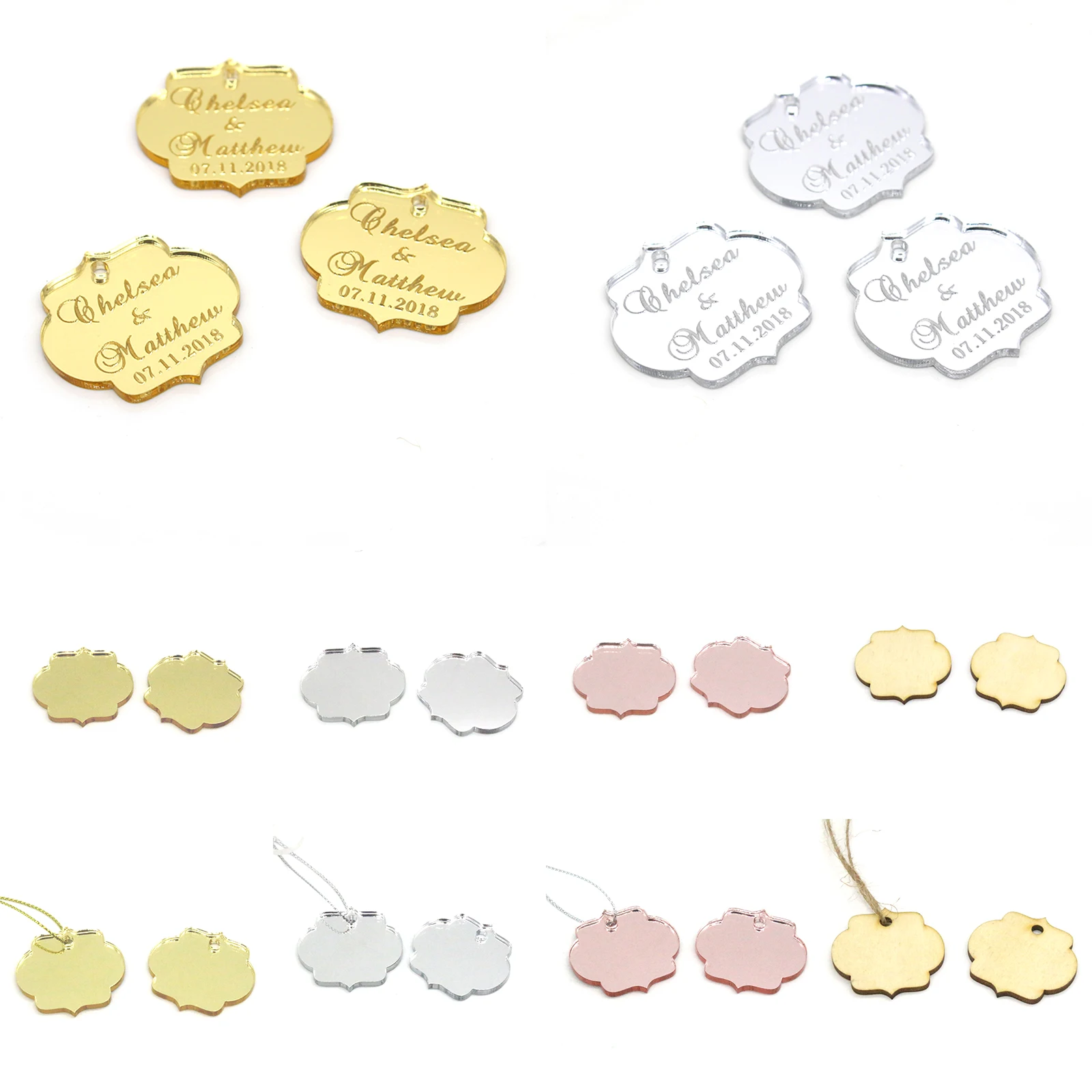 

20/50/100pcs Personalized Acrylic Tag Custom Wedding Name Baby Baptism Mirror Silver Gold Engraved Tag Decoration Gift