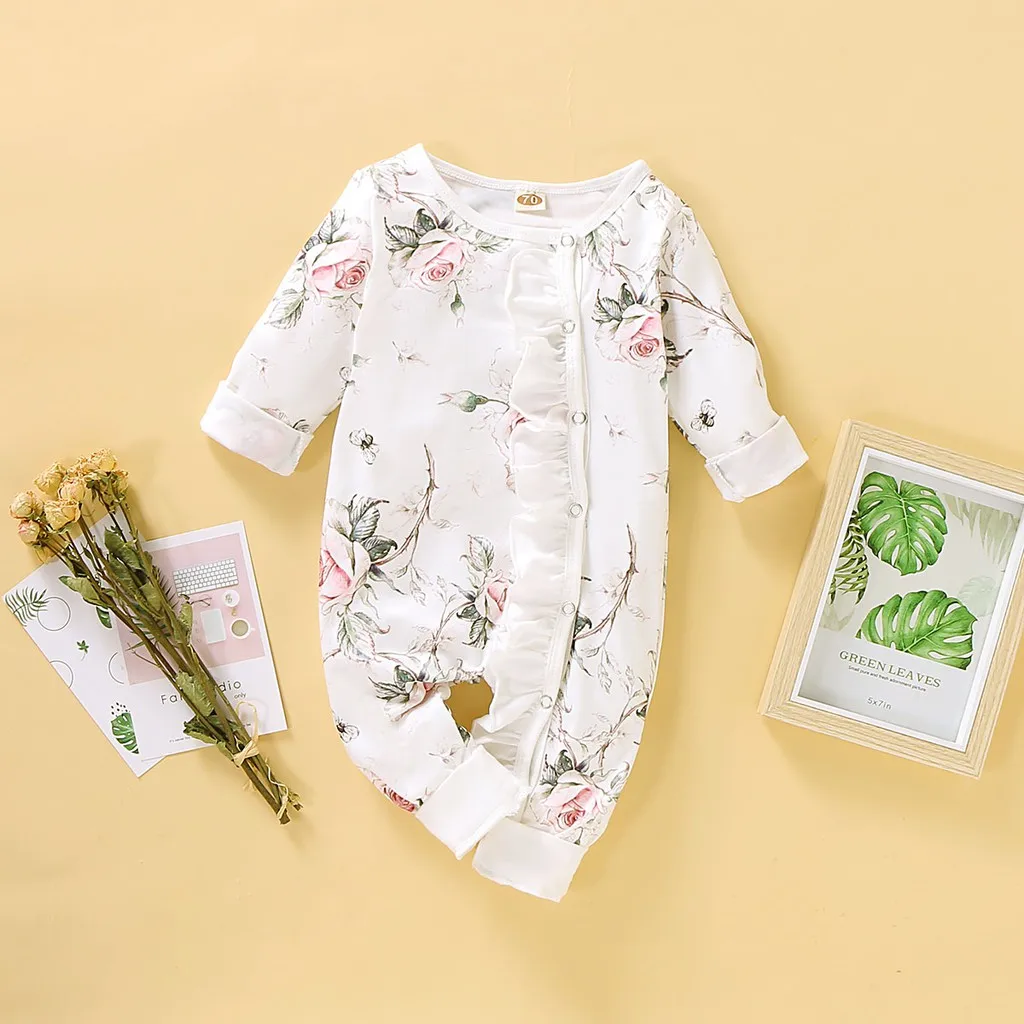 Newborn Baby Girl Romper Long Sleeve Spring and Autumn Jumpsuit Princess Little Girl Floral Bodysuit for Infant 0-18 Months