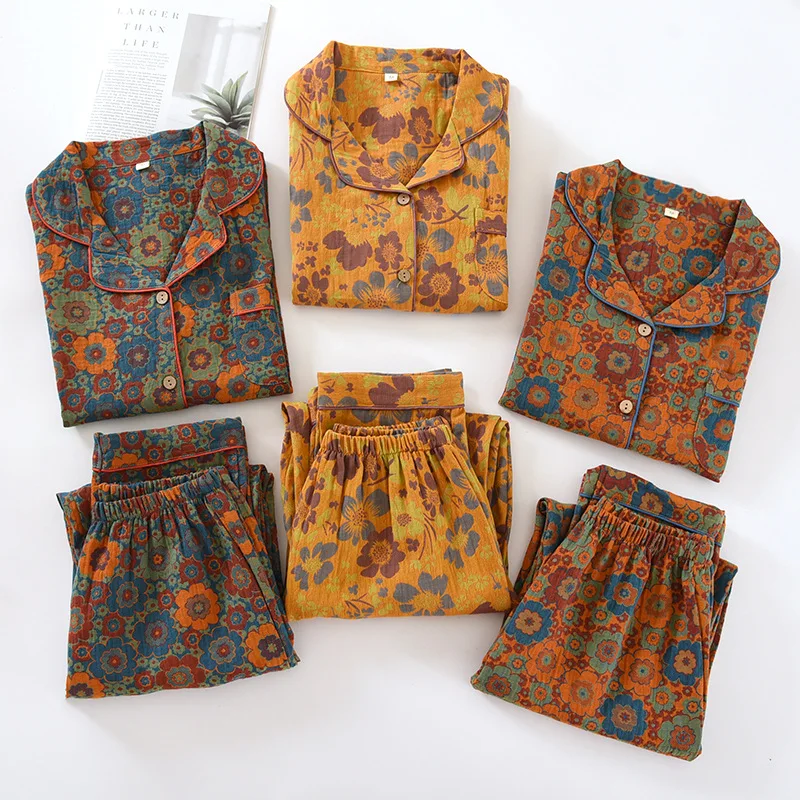 Retro Color Woven Cotton Nightgown Ladies Spring Summer Autumn Thin Long Sleeve Long Pants Casual Simple Home Wear Set