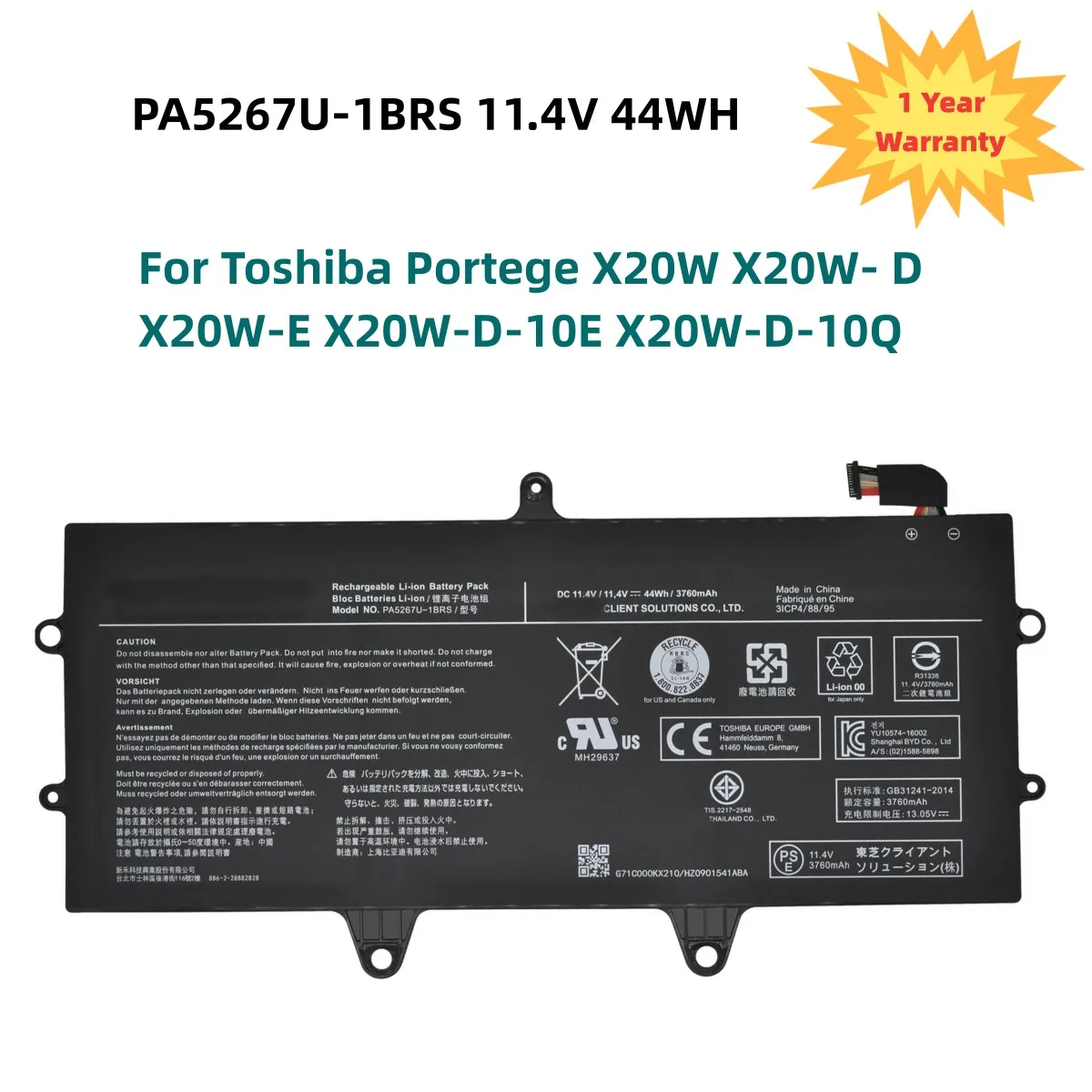 

New PA5267U-1BRS 11.4V 44WH Laptop Battery For Toshiba Portege X20W-D-11N X20W-E-10E PRT12U-00R002 3ICP4/88/95