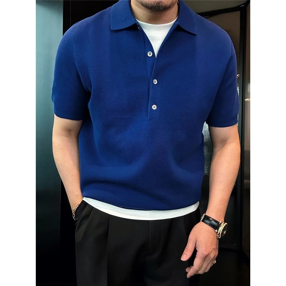 Soft and Comfortable Men's Spring and Summer Wavy Knitted Short-sleeved Lapel T-shirt