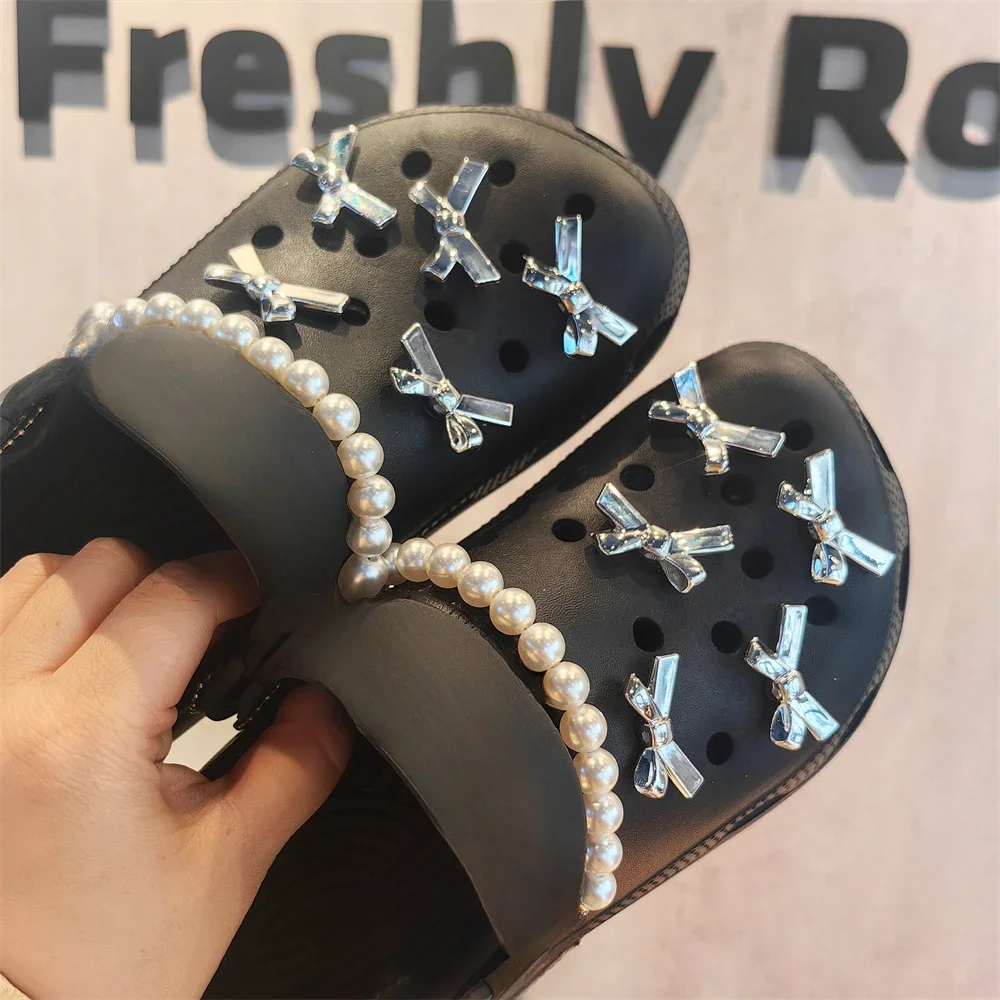 DIY Stylish Silver Bow Shoe Charms for Clogs Slides Sandals Garden Shoes Decorations Charm Set Accessories Kids Gifts