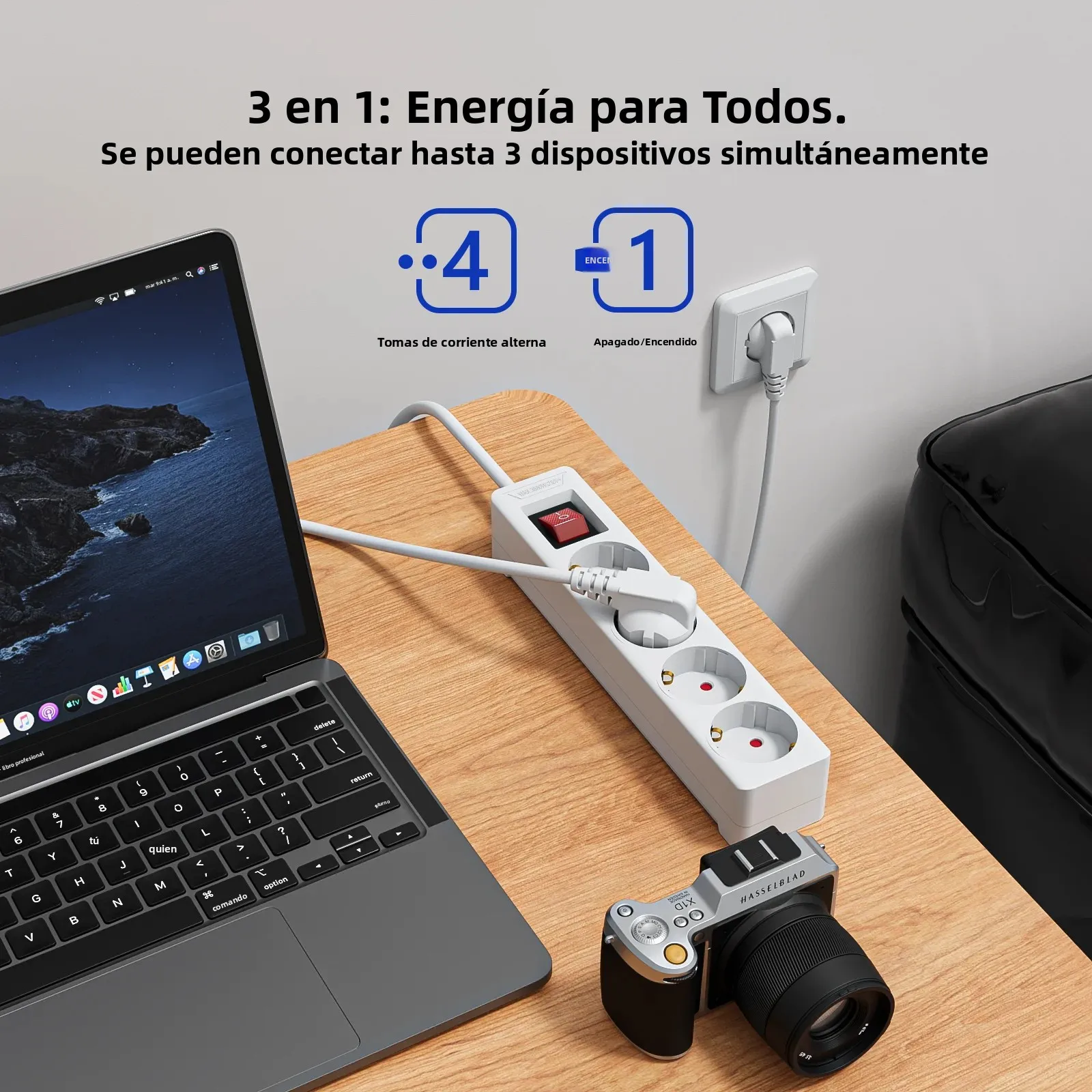 Imagen 3: Protector de Sobretensión de 4 Tomas de Corriente para la UE, Cable de Extensión de 1.5m/2m, Adaptador de Enchufe de CA, Adaptador de 4 Tomas con Protección Contra Sobrecarga