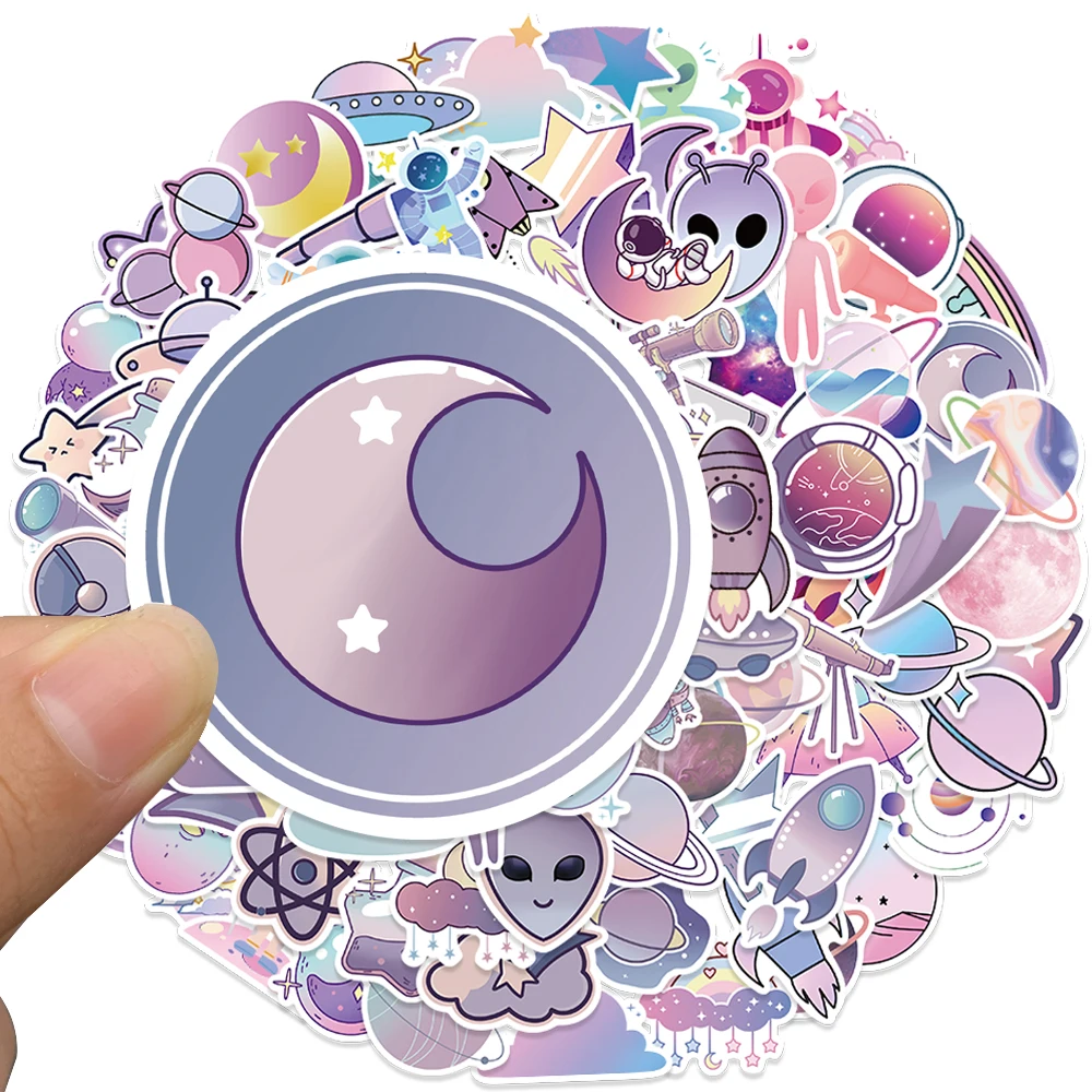 50/100pcs Cartoon Purple Planet Stickers Outer Space Alien Astronaut Rocket Birthday Party Decor DIY Laptop Luggage Kids Toys