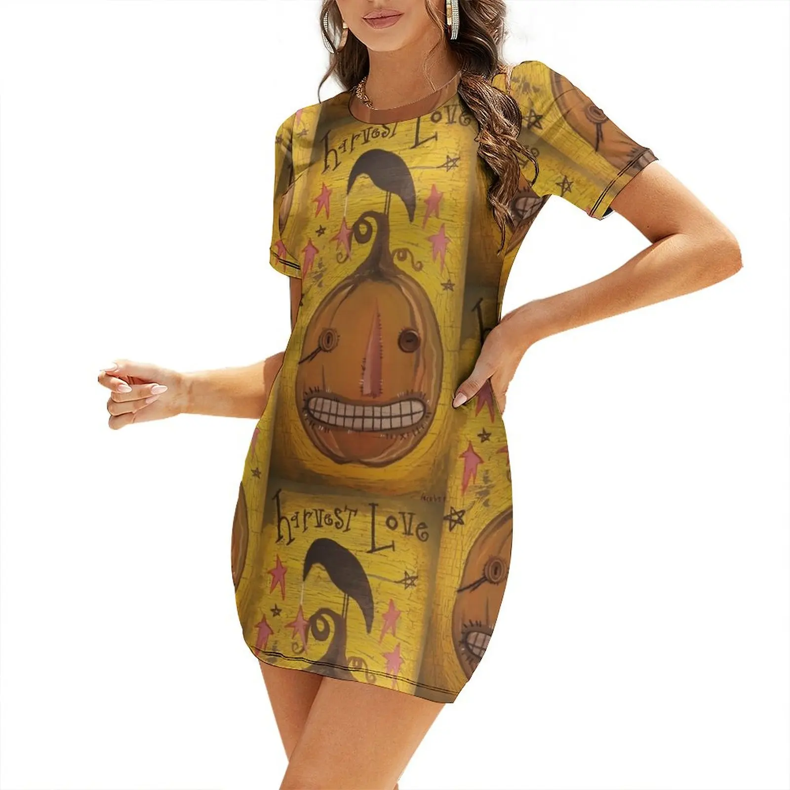 

Harvest Love Pumpkin and Crow Short Sleeved Dress Long dress Casual dresses Dress