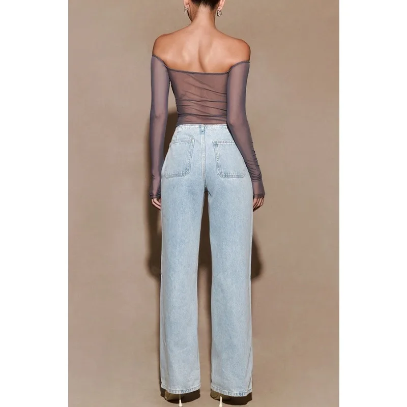 Top corto transparente de malla para mujer, camiseta Sexy con lentejuelas y hombros descubiertos, camiseta transparente de manga larga, ropa de calle para discoteca