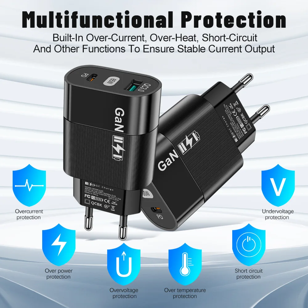GaN зарядное устройство для телефона PD33W + USB QC3.0 33W = 65W Type-C Быстрая зарядка 5V/6.6A 9V/3A 12V/2.75A 20V/1.67A Макс адаптер США/ЕС/штепсельная Вилка стандарта Великобритании